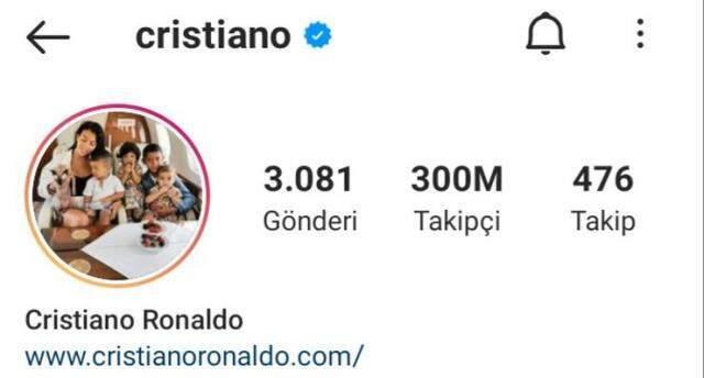 Cristiano Ronaldo, Instagram'da 300 milyon takipçiye ulaşan ilk kişi olarak tarihe geçti Cristiano Ronaldo, Instagram'da 300 milyon takipçiye ulaşan ilk kişi olarak tarihe geçti