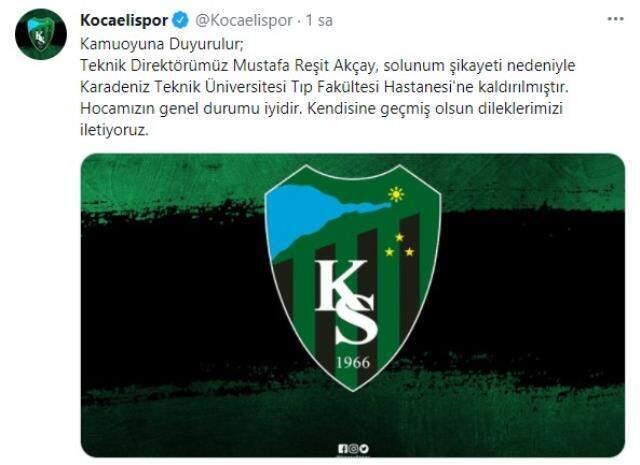 Kocaelispor Teknik Direktörü Mustafa Reşit Akçay hastaneye kaldırıldı Kocaelispor Teknik Direktörü Mustafa Reşit Akçay hastaneye kaldırıldı