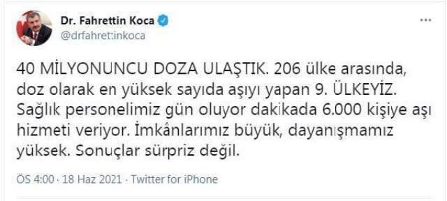 Sağlık Bakanı Koca paylaştı: Aşılamada sayı 40 milyonu aştı Sağlık Bakanı Koca paylaştı: Aşılamada sayı 40 milyonu aştı
