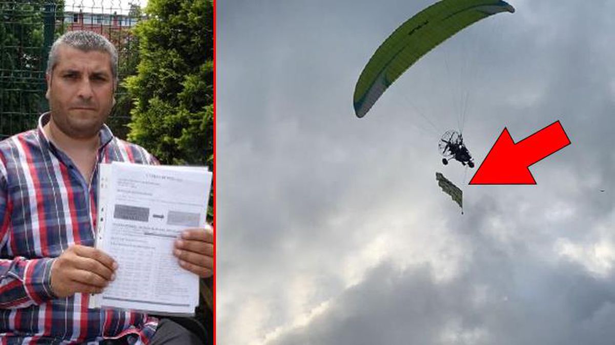 Savcılığın takipsizlik kararı sonrası kiraladığı paramotorla 'Dolandırıldım, hakkımı arıyorum' yazılı afişle uçtu