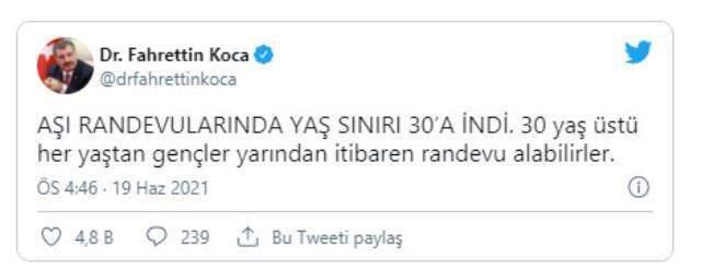 Son Dakika: Aşılamada yaş sınırı 30'a düştü, yarından itibaren randevu alınabilecek Son Dakika: Aşılamada yaş sınırı 30'a düştü, yarından itibaren randevu alınabilecek