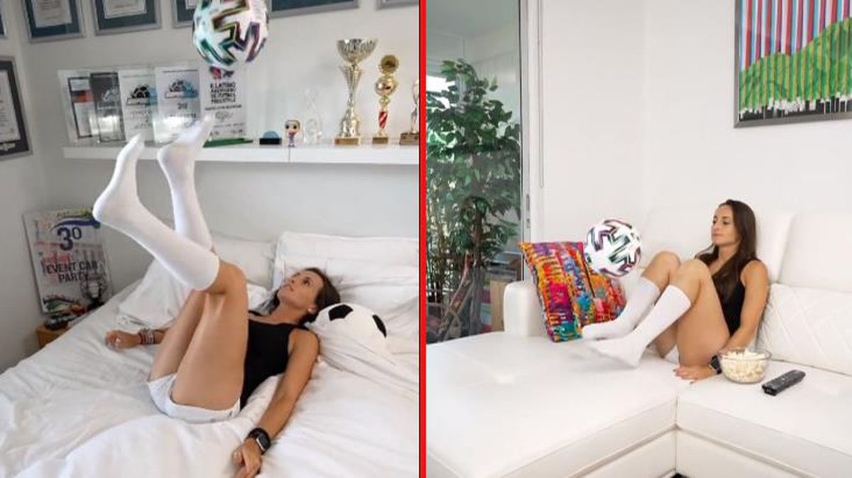 Kadın futbolcunun evde meşin yuvarlakla yaptığı şov sosyal medyayı salladı