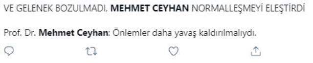Yeni normalleşme adımlarına itiraz eden Mehmet Ceyhan'a tepki yağıyor