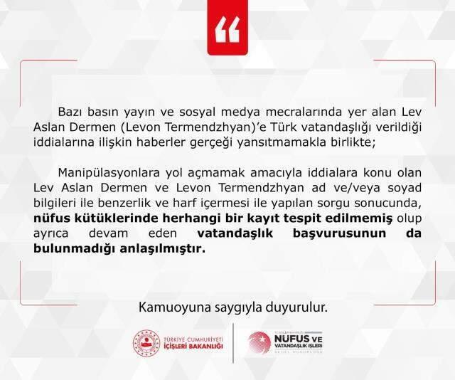 İçişleri Bakanlığı, Lev Aslan Dermen'e vatandaşlık verildiği iddiasını yalanladı İçişleri Bakanlığı, Lev Aslan Dermen'e vatandaşlık verildiği iddiasını yalanladı