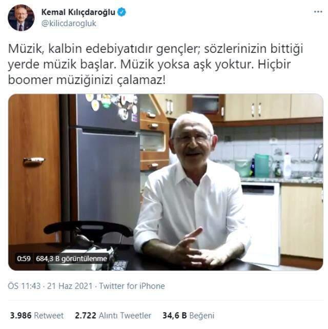 Kılıçdaroğlu'nun müzik kısıtlamasına tepki paylaşımında kullandığı 'boomer' ifadesi dikkat çekti Kılıçdaroğlu'nun müzik kısıtlamasına tepki paylaşımında kullandığı 'boomer' ifadesi dikkat çekti