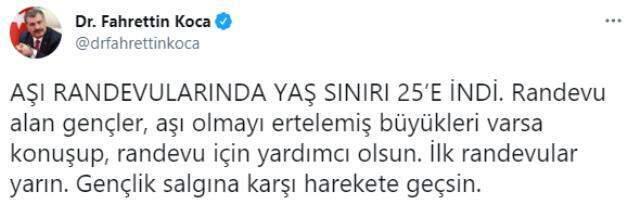 Son Dakika! Koronavirüs aşı uygulamasında yaş sınırı 25'e indi