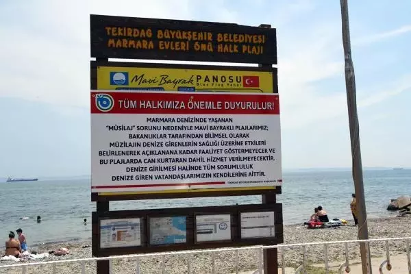 Tekirdağ'da mavi bayraklı plajlara 'Müsilaj nedeniyle denize girmeyin' tabelaları asıldı