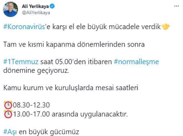 İstanbul Valisi Yerlikaya'dan normalleşme hatırlatması: Yarın kamuda mesai 08.30-17.00 arasında uygulanacak