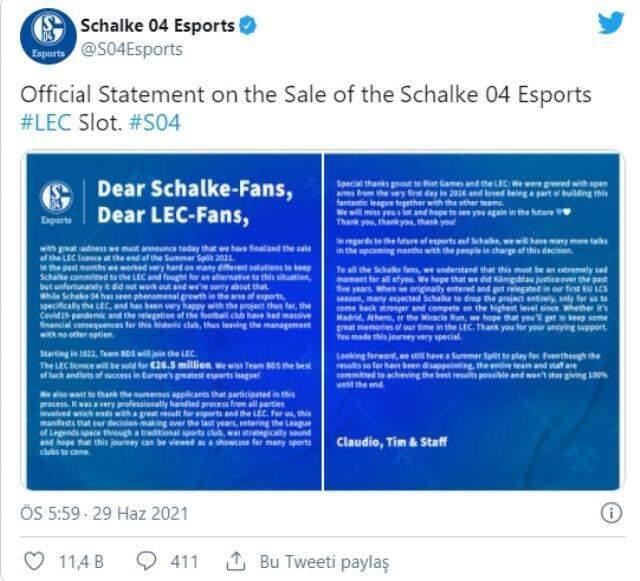 Schalke 04 Esports LEC slotunu 26.5 milyon euro karşılığında sattı! Schalke 04 Esports LEC slotunu 26.5 milyon euro karşılığında sattı!