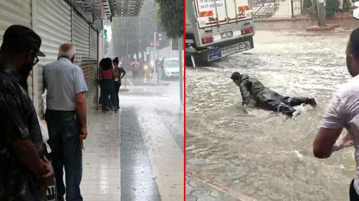 Adana'da 15 dakikalık sağanağın ardından bir vatandaş, su birikintisine atladı