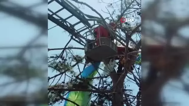 Ağaçta asılı kalan yamaç paraşütçülerini itfaiye kurtardı