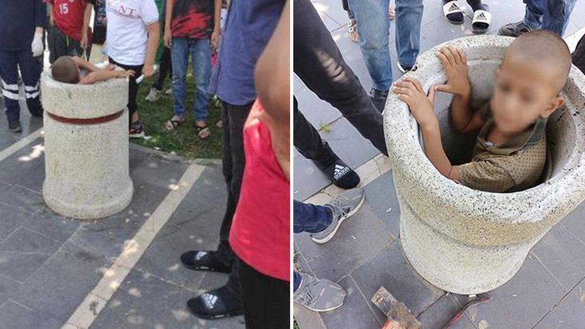 Çöp kutusuna sıkışan çocuğun imdadına itfaiye ekipleri yetişti