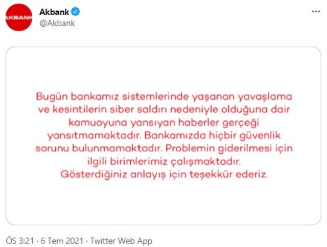 Sistemi çöken Akbank'tan yeni açıklama: Siber saldırı iddiaları gerçek dışıdır