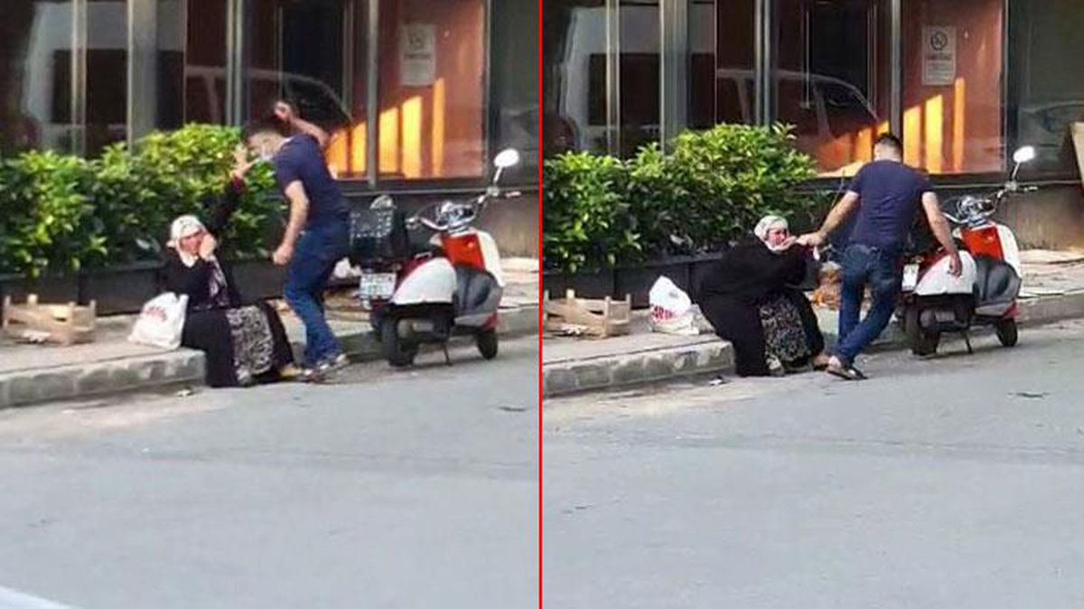 Eli silahlı evlat, sokak ortasında yaşlı annesini darbetti! Vicdanları sızlatan olay kamerada
