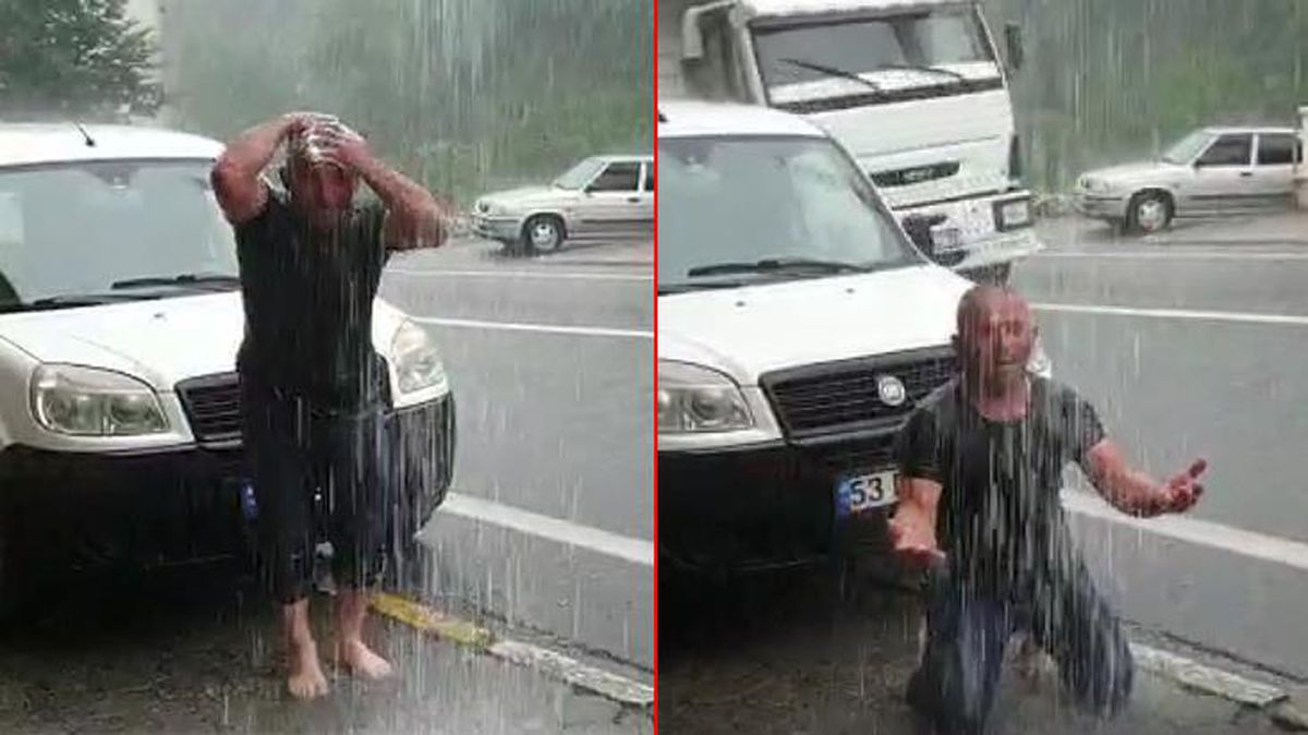 Uzun zaman sonra yağmur yağmasına sevinen Rizeli sağanak altında duş aldı