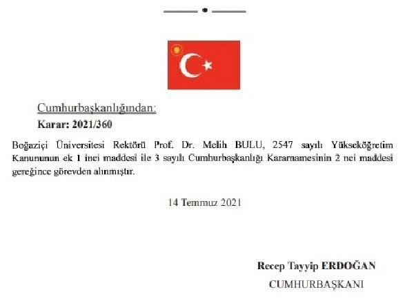Boğaziçi Üniversitesi Rektörü Melih Bulu, görevden alındı