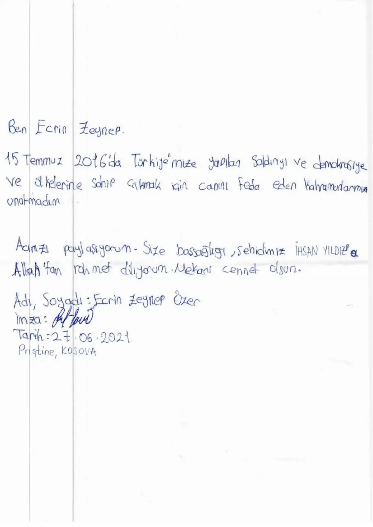 Kosovalı 251 Türk öğrenciden 15 Temmuz şehitlerinin ailelerine mektup