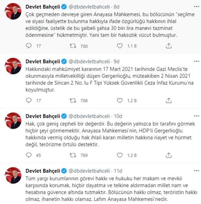 Son Dakika! MHP lideri Bahçeli'den AYM'nin HDP'li Gergerlioğlu kararına sert tepki: Hak ihlali kararı terörizme destektir