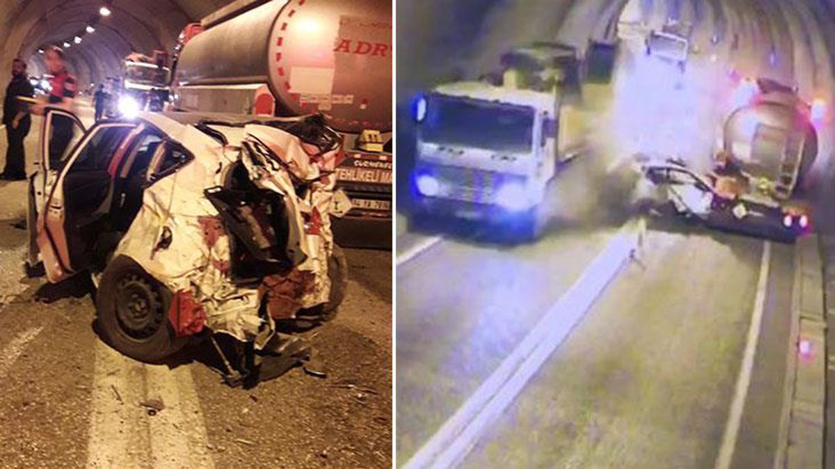 Tünelde hatalı sollama yapan otomobil, tanker ve vincin arasında sıkıştı
