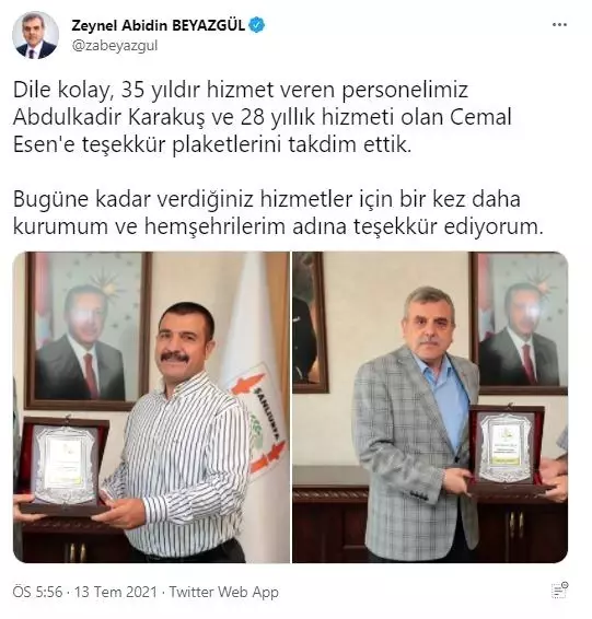 Başkan Beyazgül'den emekliye ayrılan Esen'e teşekkür plaketi