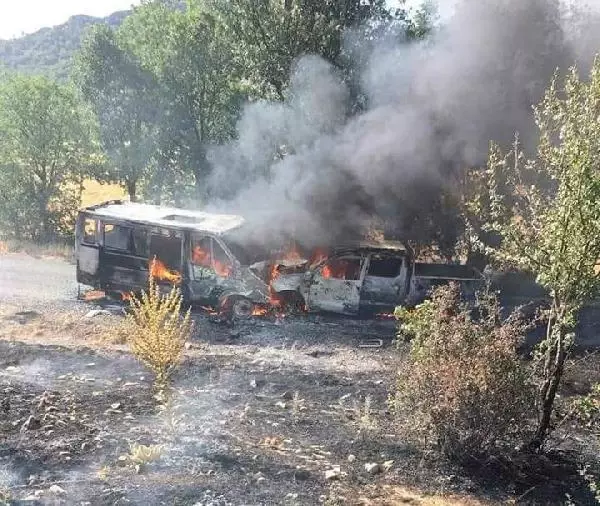 Kafa kafaya çarpışan araçlar alev aldı: 4 yaralı Kafa kafaya çarpışan araçlar alev aldı: 4 yaralı