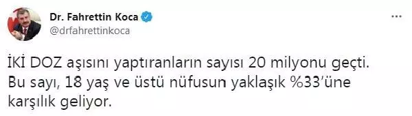 Bir doz aşı yapanların sayısı 39 milyonu, iki doz aşı yaptıranların sayısı 20 milyonu geçti Bir doz aşı yapanların sayısı 39 milyonu, iki doz aşı yaptıranların sayısı 20 milyonu geçti