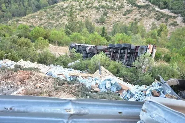 SÜRÜCÜSÜNÜN İÇİNDE UYUDUĞU TIR, HAREKET EDİP ORMANLIK ALANA DEVRİLDİ