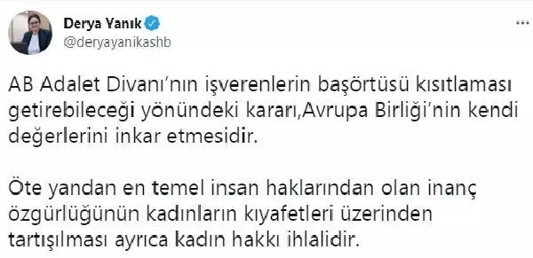 Son dakika! Bakan Yanık, Avrupa Adalet Divanı'nın başörtüsü kararına tepki gösterdi Son dakika! Bakan Yanık, Avrupa Adalet Divanı'nın başörtüsü kararına tepki gösterdi