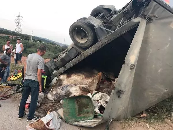 Kurban derisi yüklü kamyon devrildi: 4 yaralı