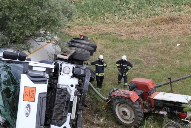 Bariyerlere çarpan LPG tankeri tarlaya yuvarlandı: 1 yaralı