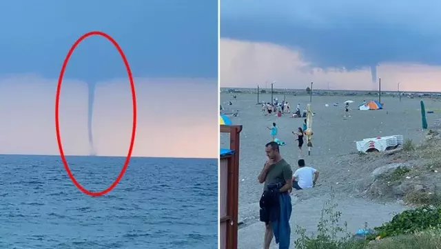 Hava kararmaya yakın denizde devasa hortum çıktı! Plajdaki vatandaşlar yüzmeye devam etti Hava kararmaya yakın denizde devasa hortum çıktı! Plajdaki vatandaşlar yüzmeye devam etti