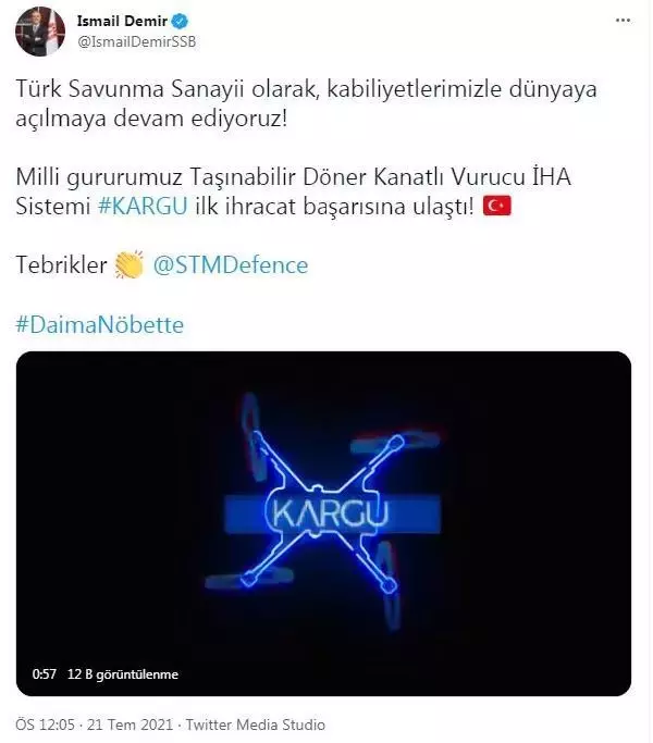 Taşınabilir Döner Kanatlı Vurucu İHA Sistemi Kargu'nun ilk ihracatı gerçekleştirildi Taşınabilir Döner Kanatlı Vurucu İHA Sistemi Kargu'nun ilk ihracatı gerçekleştirildi