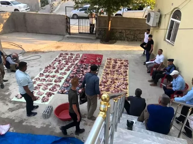 Köydeki tüm kurbanlar cami avlusunda kesilip her eve eşit dağıtılıyor