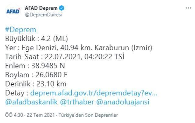 İzmir'in Karaburun ilçesinde yarım saat arayla 2 deprem meydana geldi İzmir'in Karaburun ilçesinde yarım saat arayla 2 deprem meydana geldi