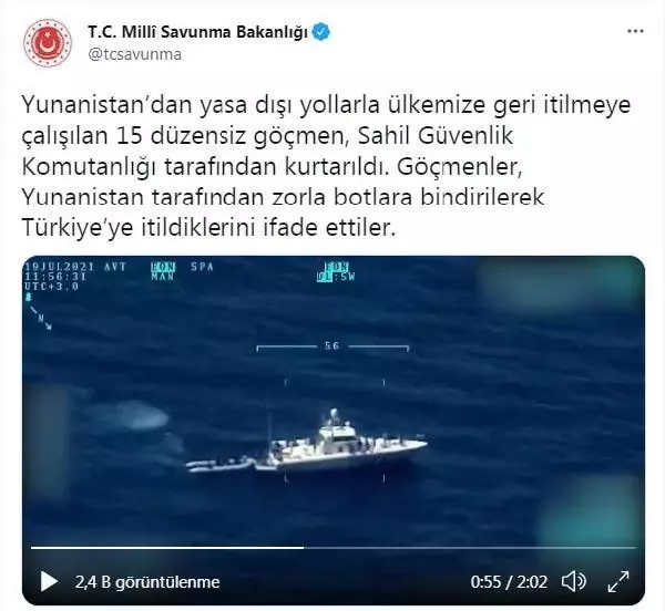Türk kara sularına geri itilen 15 düzensiz göçmen kurtarıldı