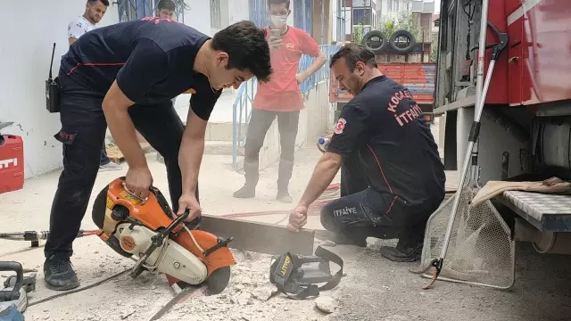 Kafası demir boruya sıkışan kediyi itfaiye kurtardı