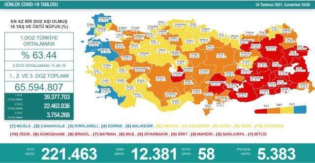 Son Dakika: Türkiye'de 24 Temmuz günü koronavirüs nedeniyle 58 kişi vefat etti, 12 bin 381 yeni vaka tespit edildi