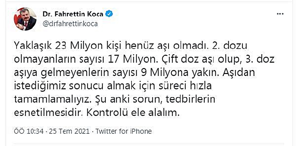 Bakan Koca: Yaklaşık 23 milyon kişi henüz aşı olmadı - Vimarsana News