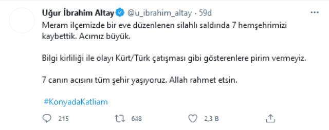 7 kişinin öldürüldüğü katliamla ilgili Konya Büyükşehir Belediye Başkanı'ndan açıklama: Olayı Kürt/Türk çatışması gibi gösterenlere pirim vermeyiz