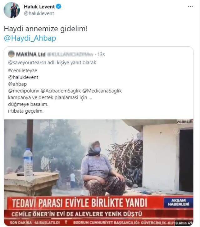 Haluk Levent, tedavi parası Manavgat'taki yangında küle dönen Cemile Öner'e yardım etmek için harekete geçti