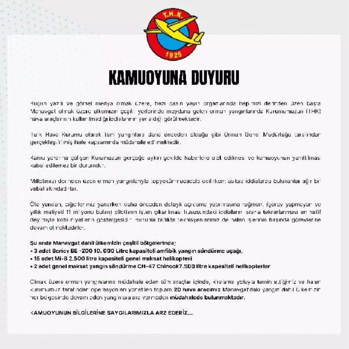 THK: 20 hava aracı ülkemizin her bölgesindeki yangınlara müdahalede bulunuyor