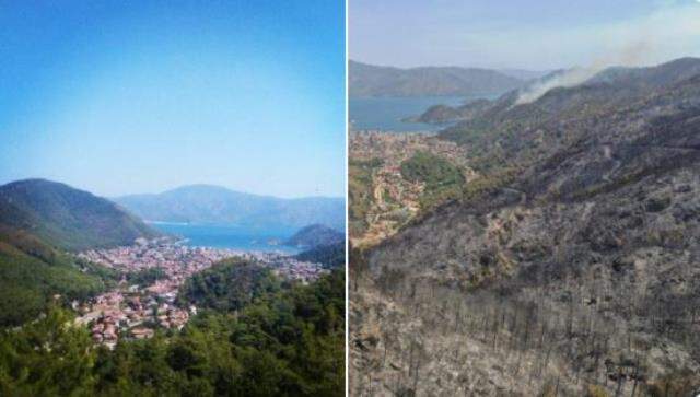 Bu görüntüleri izlemeye yürek dayanmaz! İşte Marmaris'in yangından önceki ve sonraki hali