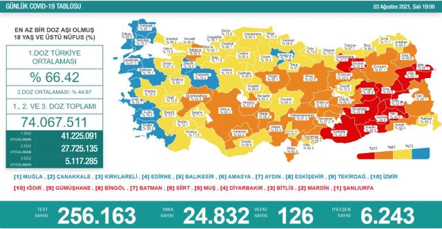 Son Dakika: Türkiye'de 3 Ağustos günü koronavirüs nedeniyle 126 kişi vefat etti, 24 bin 832 yeni hadise tespit edildi