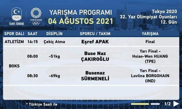 4 Ağustos olimpiyat programı Türkiye!