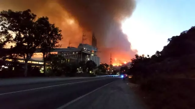 Milas'ta alevler termik santrale sıçradı: İHA ekibi tehlikeye rağmen görevine devam etti