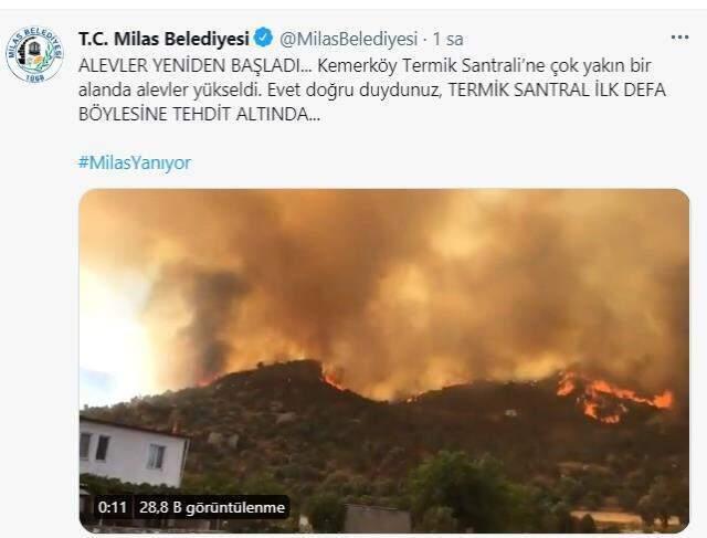 Milas'taki yangın yeniden başladı, termik santral tehdit altında Milas'taki yangın yeniden başladı, termik santral tehdit altında