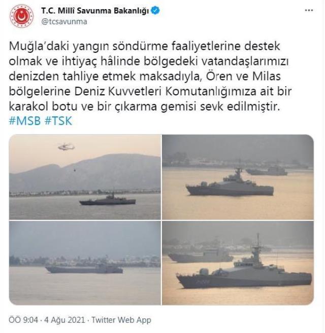 Ulusal Savunma Bakanlığı, yangının devam ettiği Muğla'nın Ören ve Milas ilçelerine çıkarma gemisi sevk etti