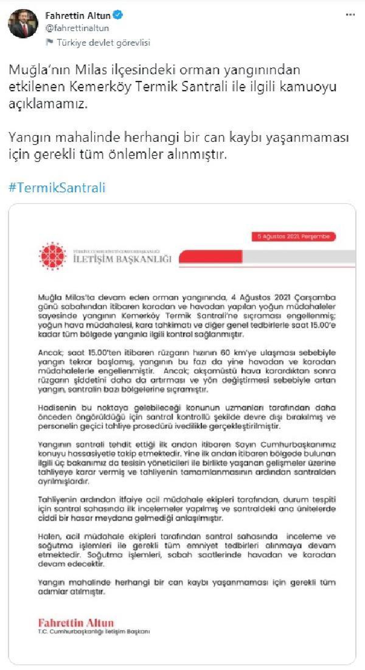 İletişim Başkanı Altun: Santral kontrollü şekilde devre dışı bırakılmıştır - Vimarsana News