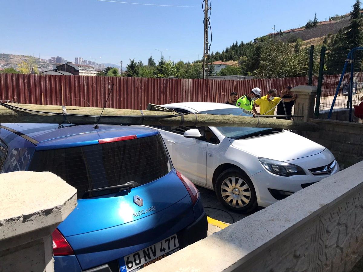 Direğin otomobillerin üzerine devrildiği anlar güvenlik kameralarına yansıdı