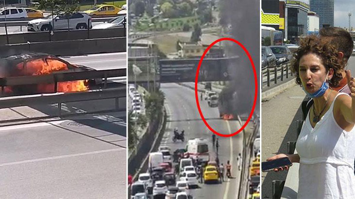 Tüm sürücüler aşağıya inip ne olacağını bekledi! Otomobil, herkesin gözü önünde kül oldu
